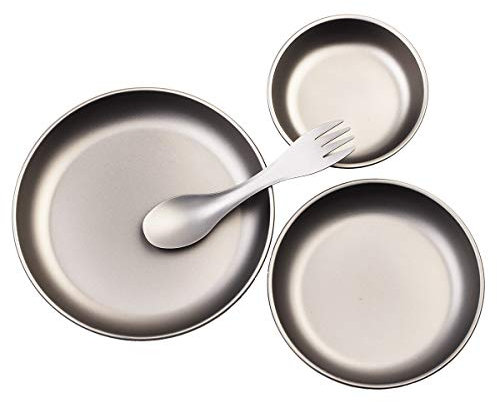 AI PEI 4-teiliges Set Ultraleicht für Outdoor Camping Geschirr aus reinem Titan (3 Teller + 1 Gabel und Löffel)