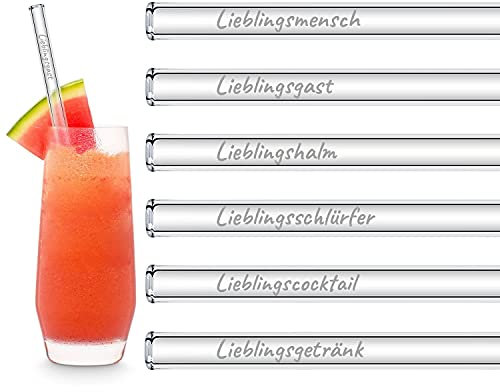 Lieblingsmensch Geschenk Glasstrohhalme Lieblings-Sprüche | 6x 20cm Strohhalme Gäste Geschenkset mit gravierten Sprüchen | Cocktail Set Mitbringsel
