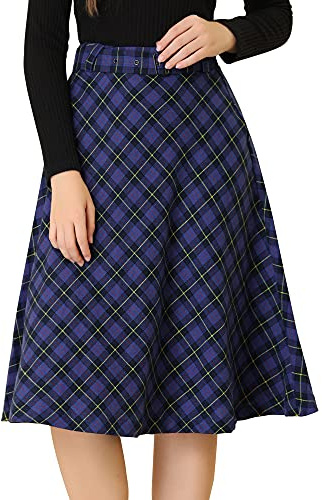 Allegra K Women's Tartan Plaid High Waist Belted Vintage A-Line Midi Skirt Blue 12