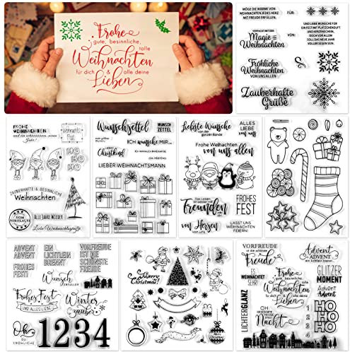 DPKOW 125+pcs Deutsch Weihnachten Klare Stempel Silikon, Frohe für DIY Karte Scrapbooking Basteln, Weihnachtsbaumkugeln Pinguin Schneeflocke Weihnachtsmann