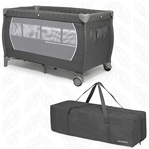 skiddoü Reisebett, Lunar zusammenklappbares Babybett, leichte Konstruktion, kompaktes Kinderbett, verstellbare Höhen Reisekinderbett Babyreisebett bequemes Reisebabybett einfache Aufbaung, dunkelgrau