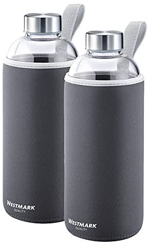 Westmark Trinkflaschen-Set, 2tlg., 2 Trinkflaschen aus Glas mit Aufdruck, inkl. je 1 Schutzhülle, 1000 ml, Glas/Silikon/Kautschuk, BPA-frei, Viva, Anthrazit/Silber/Klar, 527422E6