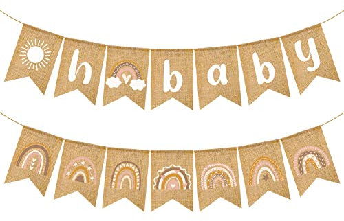 Boho Regenbogen Banner Babyparty Sackleinen Flaggen Willkommens Babyparty Banner Vintage Dekoration geschlechtsneutrale Babyparty Dekoration Geburtstagsparty Zubehör