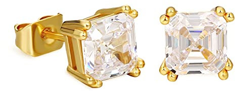 KRKC&CO Edelstahl Ohrsteckers Iced Out für Herren Damen, Hypoallergen 18K Gelbgold vergoldete quadratische Ohrringe, Zirkonia Stein im Smaragd-Schliff, Geschenke für Männer Frauen, 6mm