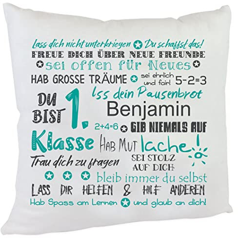 personalisiertes Kissen Geschenk zur Einschulung mit Namen des Erstklässlers Einschulungsgeschenk für Mädchen und Jungen (Türkis mit Namen)