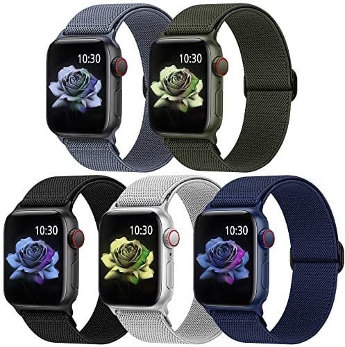 Jiamus 5 Stück Nylon Elastisches Solo Loop Armband Kompatibel mit Apple Watch Armband 44mm 45mm 46mm 49mm 42mm(series3 2 1),Dehnbare Ersatzarmband für Iwatch Series 10/9/8/7/6/5/4/3/2/1Damen Herren