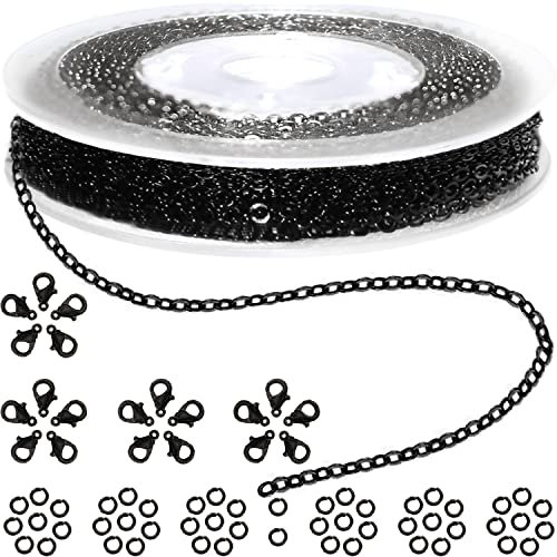 Jishi 33ft Link Cable Chain Roll 2mm, Black Chain for Jewelry Making Necklace Earring Bracelet DIY Craft Jewelry Making Findings Supplies, Black Plated Iron Metal Rolo Necklace Chain Spool Set