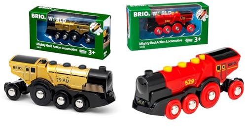 BRIO World 33630 - Goldene Batterielok mit Licht und Sound & World 33592 Rote Lola elektrische Lok - Batterie-Lokomotive mit Licht & Sound
