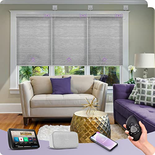 Graywind Elektrische Rollo Innen Lichtfilterung nach Maß, WiFi Fest Verdrahtet Smart Fensterrollo, UV-Schutz Jalousien mit Fernbedienung, Motorisiert Rollo Kompatibel Alexa Google, Jacquard Grau