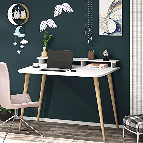 [en.casa] Escritorio con Soporte para Monitor Móvil Mesa de Oficina Estudio con Elevador de Pantalla Aglomerado/Madera 74 x 90 x 60 cm Blanco