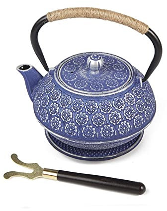 SISWIM Teapot 950ml Japanese Style Cast Iron Teapot, Thickened Glass Enamel with Stainless Steel Infuser and Tripod Wooden Lid Stand Tea Kettle