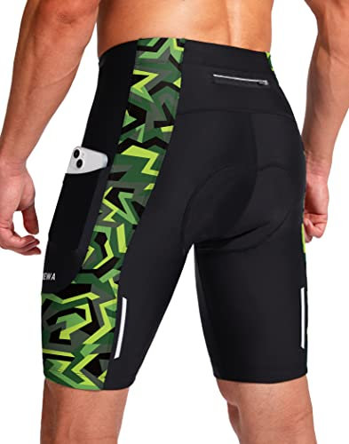 Herren-Fahrrad-Shorts, 3D-gepolstert, für Radsport, Rennrad, Unterwäsche, Mountainbike, Biker, LSF 50+, Fahrrad-Shorts, Reißverschlusstaschen (Schwarz/Grün, Polygon, XXL)
