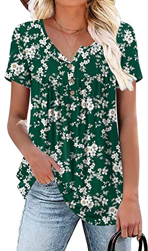 POPYOUNG Plus Size Women Tunic for Leggings Ladies Henley Shirts Short Sleeve Tops Summer Blouse 2XL, Green Floret