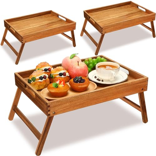 Tatuo 3 Stück Akazien-Betttisch Tablett Laptop Holz Frühstückstablett Servierboden Schreibtisch mit klappbaren Beinen und Griffen, TV-Tabletts zum Essen auf der Couch, niedriger Tisch zum Sitzen auf