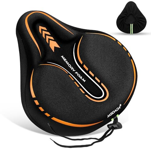 MSDADA Gel Gepolsterter Fahrradsattelbezug, Extra Weicher Schaum Breit Groß Memory Foam Sattelbezug für MTB, Heimtrainer Fahrrad, Peloton, Bequem Sattelpolster für Damen Herren Senioren(Orange)