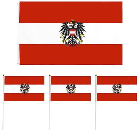 1 Bandera de Austria con 3 pequeñas banderas austriacas pivotadas a mano, bandera austriaca con escudo de armas, bandera austriaca