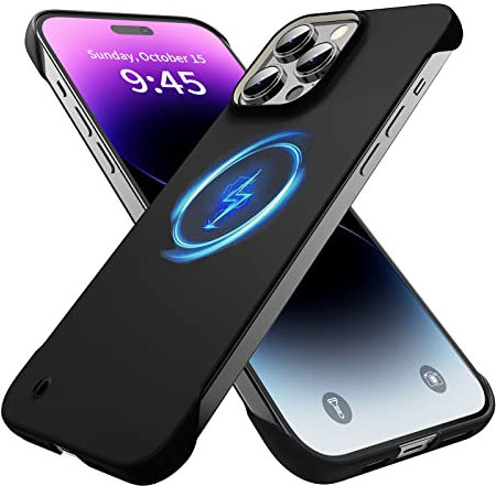 GRECAZO Magnetisches Slim Case für iPhone 14 Pro Handyhülle 6,1 (2022) Ultraleichte Dünne Rahmenlose Matte Hart MagSafe Abdeckung mit Zugring Stoßfestem rutschfestem Seil - Schwarz