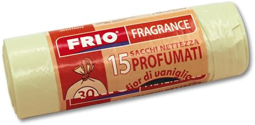 FRIO Müllbeutel 30L, Vanille Duft, Gelb, 52 x 58 cm, 15 Stück – Parfümiert, Extra Stark, Reißfest, Mit Zugband, Premium Abfallsäcke