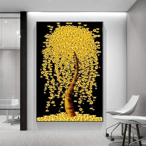 CBZKTR Golden Fortune Money Trees, Drucke auf Leinwand, Gemälde, Wandkunst, Wohnzimmer, Zuhause, Bild, moderne Landschaft, Poster, Büro, Dekoration, 70 x 115 cm (28 x 45 Zoll) mit Rahmen