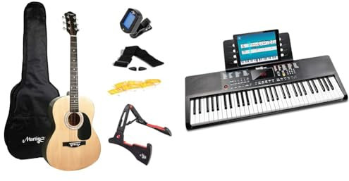 Martin Smith Acoustic Guitar Kit with Full-Size Acoustic Guitar, Guitar Stand, etc. & RockJam 61-Key Compact Keyboard with Sheet Music Stand, Power Supply, Piano Note Stickers and Simply Piano Lessons