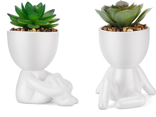 2 Pack Cute Fake Succulent Plants, Small Artificial Plants with White Human Shaped Ceramic Pots, Mini Artificial Plant Potted Succulents for Desk Office Shelf Home Bedroom Bathroom Decor