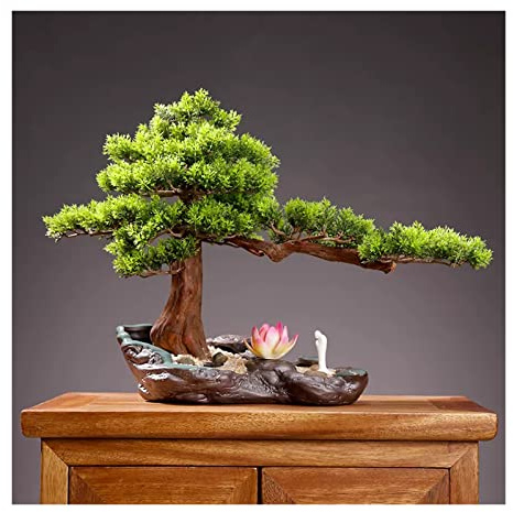 Künstlicher bonsai Künstliche Bonsai-Baum-Kunstpflanzen for den Innenbereich mit rosa Lotus-Skulptur-Dekoration, künstliche Zimmerpflanzen im Topf for Bücherregal, Raum-Zen-Dekor im Innenbereich Kunst