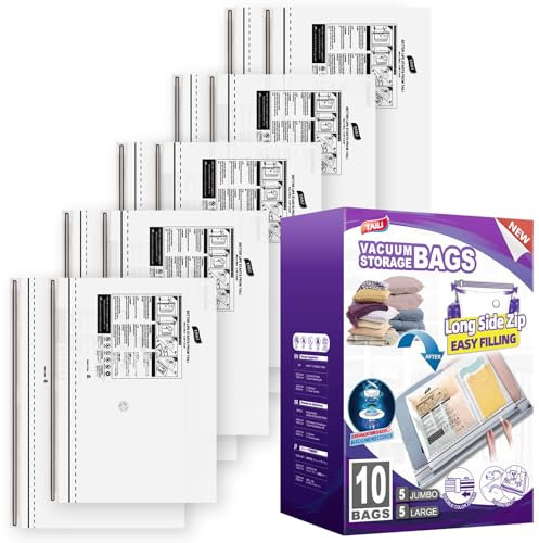 TAILI Vacuum Storage Bags With Long Side Zip 10 Pack (5 Large+5 Extra Large) Large Vacuum Bags for Clothes, Duvets, Bedding, Travel Reusable Compression Zipper Storage Space Saver