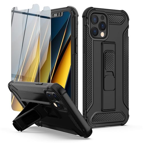 ORETECH for iPhone 12 Pro Max Case, [2 x Tempered Glass Screen Protector] [Built-in Kickstand] [Military Grade Shockproof] 4 in 1 Full Body Protective Silicone Bupmer Hard PC Phone Case Cover - Black