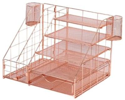 ASHSDI Desk Tidy Organiser Rose Gold Desk Organizers Desktop File Organizer With Pen Holder Paper Organizer With Drawer Office School Table Decor