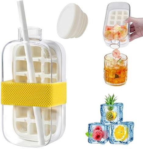 Vibbang Crush Cup Ice Cube Bottle, 2 in 1 Water Bottle Ice Cube Tray with Lid, Ice Bottle Cup with Reusable Straw, Release & No Touching, Portable Ice Maker for Home Outdoor Beverages Juice(800ml)
