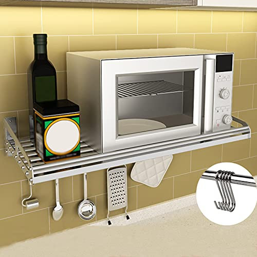 Genérico Rejilla De Pared para Horno De Microondas, Estante De Pared De Almacenamiento De Cocina De Acero Inoxidable, con 5 Ganchos para Almacenamiento De Escritorio De Cocina Ahorre Espaci