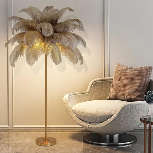 Ostrich Feather Floor Lamp, Natural Gold Standing Light with Elegant Lampshade - Modern Tall Feather Lamp for Bedroom, Living Room, Office