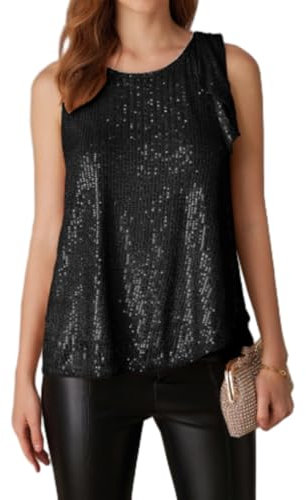 GRACE KARIN Damen Pailletten Oberteil Frauen Festival Glitzer Top Party Club Chiffon Gefüttert Camisole Ärmellos Shirt Schwarz S