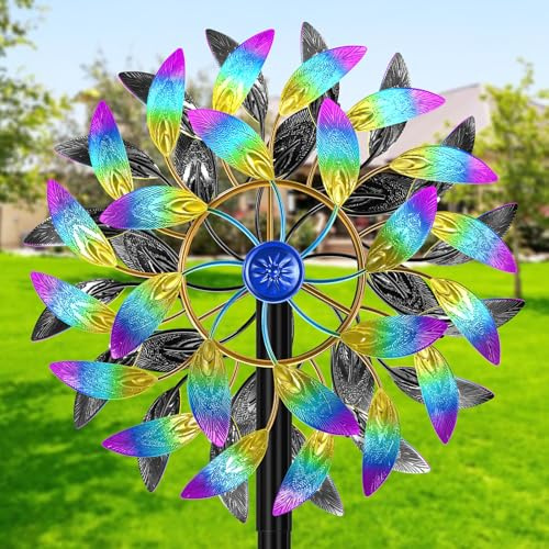 VeyFolzin.st Metall-Windspiel für den Außenbereich, 2-Wege-Windskulptur, Spinner mit Metallpfahl, wasserdicht, 360 Grad, kinetische Windmühle, Kunstdekoration für Terrasse, Garten, Rasen (A- Bunt)