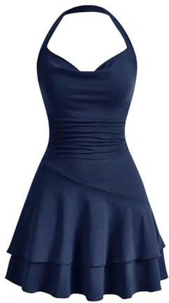 SweatyRocks Damen A Linien Kleid Neckholder Kleid Rückenfrei Partykleid | Kleid Damen Sommer, Ärmelloses Kleid, Mehrschichtiges Minikleid, Blau Kleid, Kleid Kurz