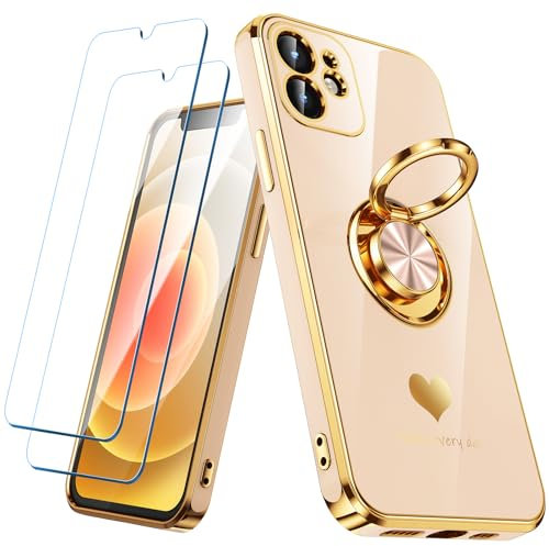 Nonional Compatible for iPhone 12 Case with 2 Pack Screen Protector, 360° Rotatable Ring Holder [Luxury Hearts Pattern] Plating Gold Edge Slim Soft Phone Cover Case for iPhone 12 - Pink