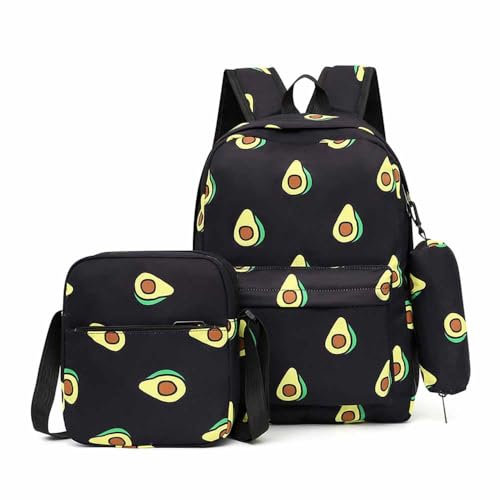 Treer Schulrucksack Set 3tlg Schulrucksack Teenager mit Lunchpaket Tasche und Federmäppchen, Jungen & Mädchen Schulrucksack Mehrere Taschen Schulranzen Rucksack Schule (Schwarze Avocado)