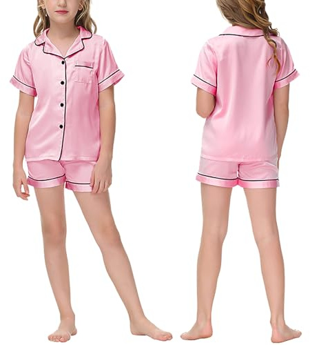 ACWOO Pyjama Satin Enfant, Fille et Garçon - Ensemble de Nuit à Manches Longues, Haut et Pantalon Long, en Satin de Soie Boutonné vers Le Bas