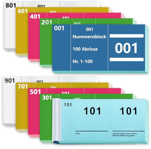 10 Büche Doppelnummern 1-1000 Nummern Zahlen 5 Farben 5X10cm Nummernblock Nummernblöcke Tombola Nummernblock Papier Lose Tombola Nummerierte Abrisse Doppelnummernblock Blau Grün Rosa Gelb Weiß