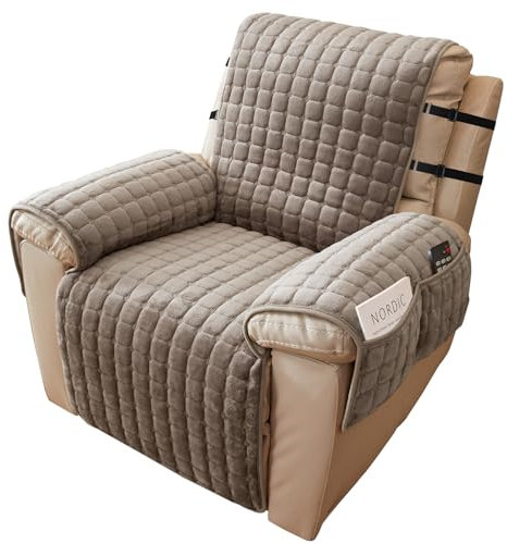 Alishomtll Sesselschoner für Relaxsessel Relaxsofa, 1 Sitzer Fernsehsessel Armlehne Sesselauflage, Anti-Rutsch Kratzfest Sesselüberzug mit 4 Taschen und 2 Verstellbaren Riemen, 53x190cm, Khaki