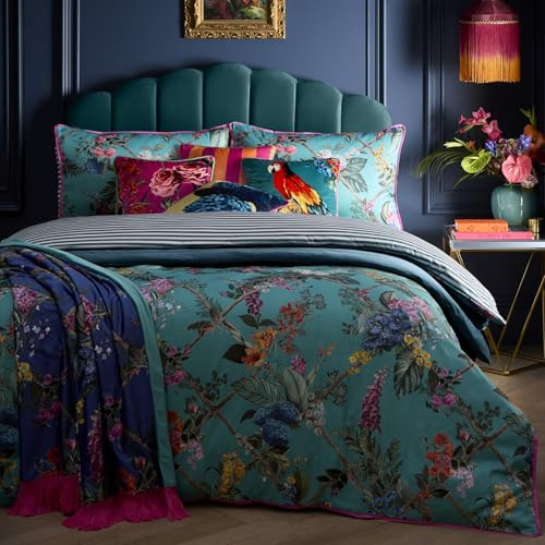 Laurence Llewelyn-Bowen - Teal Floral & Trellis Duvet Cover - Double Bedding Size (200 x 200cm) - Reversible Designs - Soft 100% Cotton - 200 Thread Count - Luxury Bedding Set - 2 Pillowcases