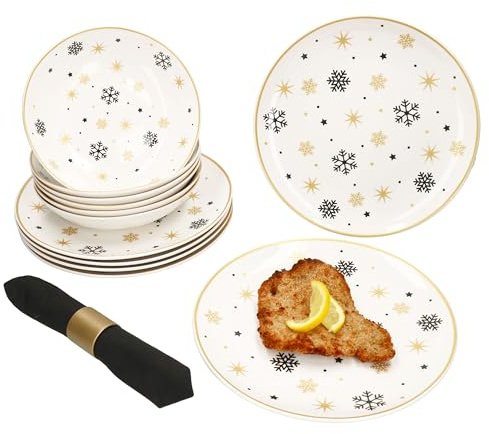 MamboCat Stars schwarz & Gold 12tlg Tafelservice I Steingut-Geschirr für 6 Personen Sternen & Schneeflocken I 6X Flache Speiseteller & 6X Tiefe Suppenteller 500ml