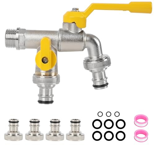 Brass Double Water Tap,1/2 inch Double Outlet Garden Tap Rust and Antifreeze Double Output Faucets with 4 Hose Connectors for Garden Household Industry