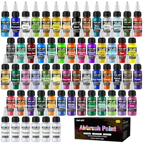 HOMY ARTY Peinture à L'aérographe - 54 Couleurs Et 6 Diluants Pour Peinture Aérographe, Peintures À Brosses À Air En Acrylique Pour Les Modèles En Métal, En Plastique - 60 bouteilles