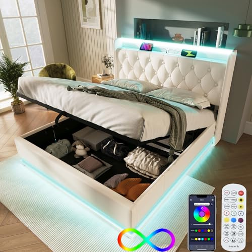 Zepneiy Bett 180x200 mit USB und LED mit Drucktaste App Fernbedienung, Polsterbett 180x200 mit Stauraum und Kopfteil, Jugendbett Stauraumbett Doppelbett mit PU-Leder Bettgestell Weiß(Ohne Matratze)