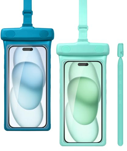 wellhouse Wasserdichte Handytasche, wasserdichte Handyhülle für iPhone 16, 15, 14, 13, 12 Pro Max, XS, Samsung, IPX8 3D, Strand-Essentials (2 Stück, Earl Blue & Green, 7 Zoll, 17,8 cm)