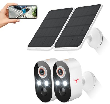 GlowPop Lot de 2 caméras de sécurité solaires sans fil avec projecteurs, alimentées par piles, détection humaine AI, conversation bidirectionnelle, vision nocturne en couleur, stockage dans le cloud