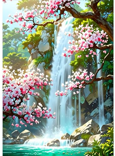 QQYRHN 5D Rosa Blumen Diamond Painting Kit für Erwachsene Anfänger Wasserfall Diamant Kunst Kits Vollständiges DIY Wunderland Diamantstickerei-Set Perfekt zur Entspannung und Dekoration 30x40 cm