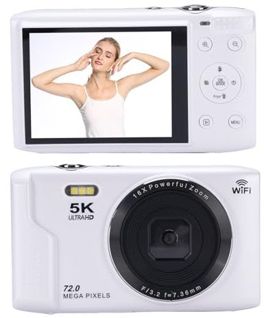 5K Digitalkamera für Fotografie, WLAN 75MP Vlogging -Kameras, AF -Autofokus -Videokamera 2,8 Zoll LCD -Bildschirm mit 16 -facher Zoom, Kompakter Vlog -Travel Camara, 1200mAh (Black) (White)