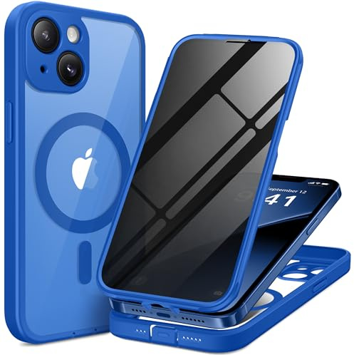BERFY Magnetic for iPhone 13 Case, Compatible with MagSafe, Built-in Privacy Screen Protector and Upgraded Camera Protection, Anti-Spy Full Body Shockproof Phone Case for 13 6.1, Blue